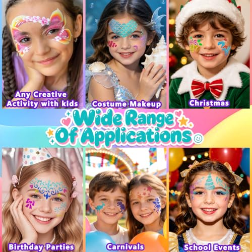 39PCS Face Paint Stencils Kit Includes 15 Reusable Facial Painting Stencils, 8 Sheets Tattoo Stencil Stickers, 10 Brushes, 2 Pack Adhesive Gems, 4 Sponge for Halloween Birthday Carnival Party Makeup - color: Party