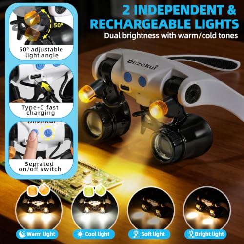 Dilzekui Magnifying Glasses for Close Work, 1.5X-15X Magnifier with Light