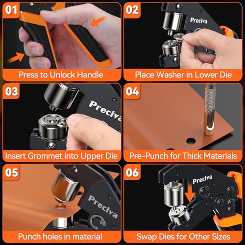 Preciva 3-Size Grommet Tool Kit - 1/2" 1/4" 3/8" Hole Punch & Eyelet Setting Tool with 300Pcs Grommets | Handheld Eyelet Plier for Tarps, Tents, Canvas, Vinyl & Leather Crafting