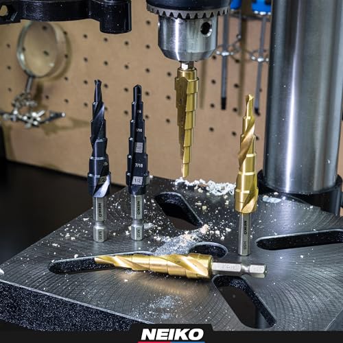 NEIKO 10624A Step Drill Bit, 9 Steps 1/2" to 1" Straight High Speed Steel, Titanium Nitride Coated, 1/4" Quick Change Step Bits for Steel, Metal, Wood, Plastic, Unibit Cone Drill Bits, Two Flute - size: #8 (1/2 - 1", 9S), style: Straight