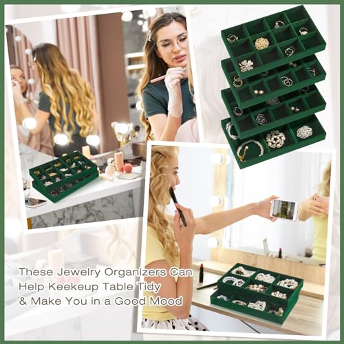 Junkin 12 Pcs Velvet Jewelry Organizer Tray, Stackable Storage - color: Green