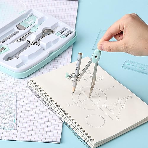 Mr. Pen- Geometry Set, 13 pcs, 3 Metal Compasses, Protractor, 6" Ruler | 45° & 30°/60° Set Squares, Pencils, Lead Refills, Sharpener & Eraser for Math, Drafting & Classroom Use - color: Green