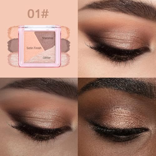 Neutral Pink Brown Shimmer Baked Eyeshadow Palette, 3 Color High Pigment Blendable Smooth Eye Shadow Makeup for Older Women, Travel Mini Palette Suitable for All Eye Shapes Vegan & Cruelty-Free 01# - color: M-#01