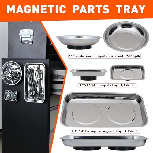 HORUDSY 4PC Magnetic Tray Set with Magnet Stick – Extra Strong Magnets, Stainless Steel Trays, and Telescoping Pickup Tool for Organizing and Retrieving Metal Parts - color: 4-Piece Magnetic Tray & Stick - Pro