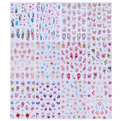 3D Flower Nail Stickers Decals 12 Sheets Spring Summer Floral Butterfly Ocean Nail Art Decals Self-Adhesive Tropical Hibiscus Fish Sea Star DIY Nails Decoration Manicure Accessories for Women - style: Tropical Flower
