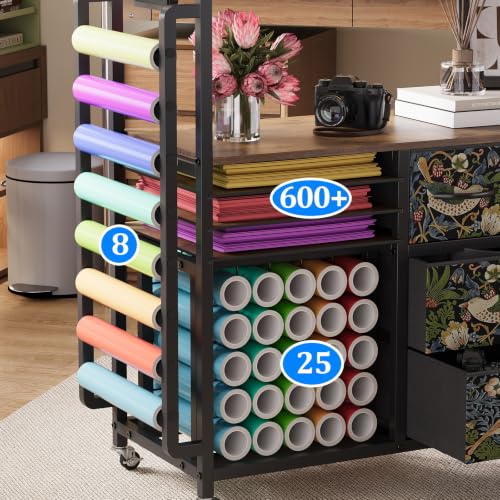 Rolling Craft Organizer and Storage Compatible with Cricut Machine Cart - color: Rustic Brown (Strawberry Thief)