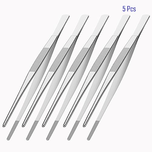 5 PCS 10" Stainless Steel Tweezers, Straight Blunt, 0.07" Thick - size: 10"L(0.07"T)
