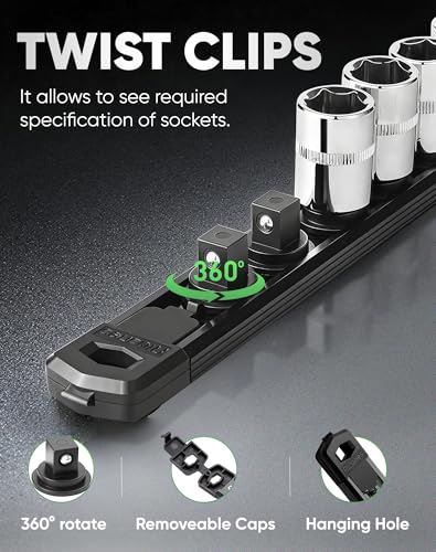 ALOANES Magnetic Socket Organizer, 3/8" Rail 14 Clips (Black, 1PC) - color: Black, size: 1PC, 3/8-Inch Drive