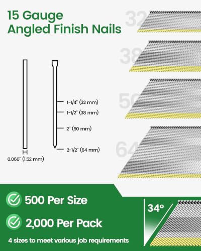 meite 15 Gauge Angled Finish Nails Galvanized DA Style 4 Sizes Set 2,000PCS - size: 4 Sizes Pack (1-1/4”, 1-1/2“, 2”, 2-1/2)"
