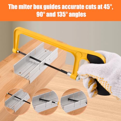 Mini Hacksaw with Miter Box, 6" Hand Saw Kit with 2 Spare Blades & Gloves - color: Yellow