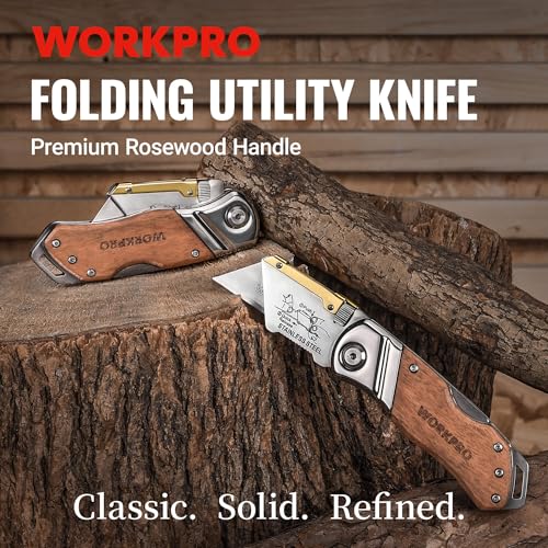 WORKPRO Folding Utility Knife with Belt Clip and Extra 10-piece Blades, Wood Handle Heavy Duty Cutter, Quick-change & Back Lock (Pack of 2) - size: Rosewood Handle (Pack of 2)