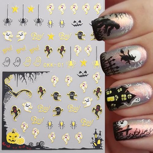 12 Sheets Halloween Nail Stickers for Nail Art,3D Self-Adhesive Nail Decals - color: Halloween Golc