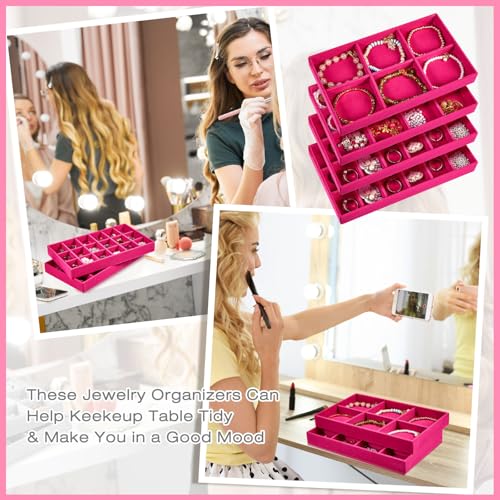 Junkin 12 Pcs Velvet Jewelry Organizer Tray, Stackable Storage - color: Rose Red