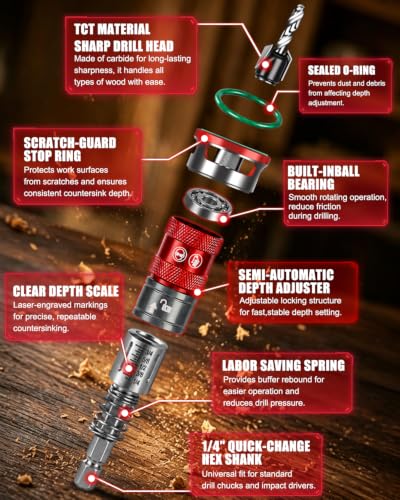 Upgrade 10PCS Countersink Drill Bit Set with Adjustable Depth Stopper - color: Red, size: Extended - Quick Adjustment