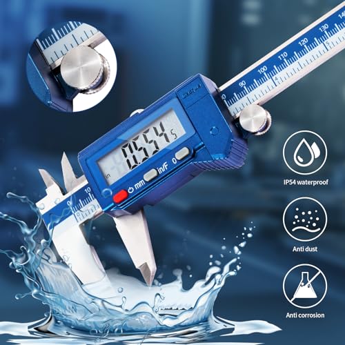Dasqua 6” IP54 Digital Caliper, Stainless Steel Water-Resistant Precision Measuring Tool with Large LCD, Inch/Metric/Fraction Switch, Resolution 0.0005"/0.01mm/1/128, Accuracy ±0.001"/0.02mm - size: IP54 6"