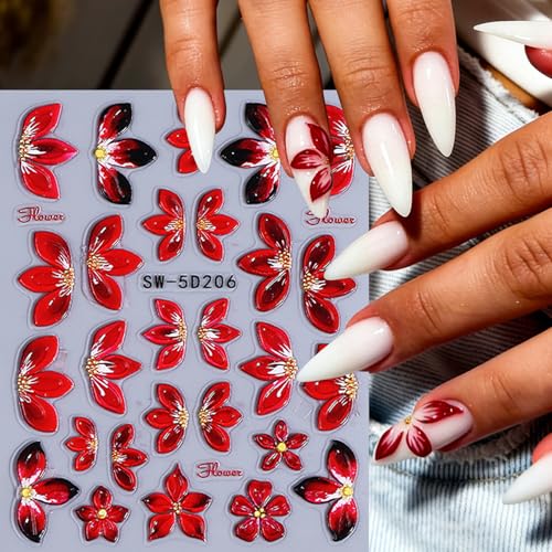 Flower Nail Art Stickers Decals 6 PCS 5D Embossed Hibiscus Decals for Nails Art Lily Hibiscus Starfish Jellyfish Daisy Bee Ladybugs Designs Summer Tropical Floral Nail Decoration for Women - style: 5D Hibiscus Flower