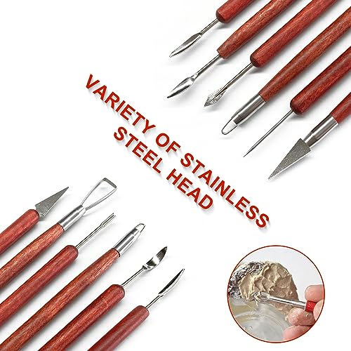 Clay Sculpting Tools, 6 PCS Double-Ended Stainless Steel Polymer Clay Tools, Wooden Handle Pottery Tools for Embossing, Carving Tools and Supplies