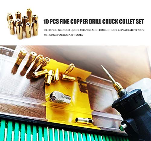 Collet Set For Dremel Rotary Tool Bits, 10 PCS Fine Copper Drill Chuck Collet Set Electric Grinder Quick Change Mini Drill Chuck Replacement Sets 0.5-3.2mm for Rotary Tools