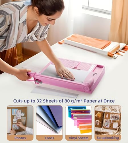 Firbon 12 Inch Guillotine Paper Cutter, Heavy-Duty Paper Trimmers, Pink - color: Pink