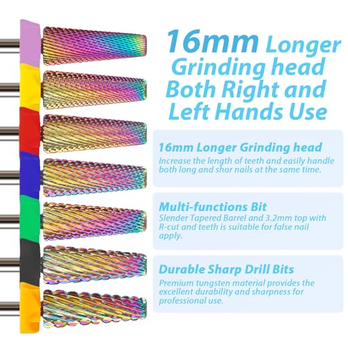 Fine 16mm Long 5-in-1 Nail Drill Bit, Rainbow, 3/32", Two-Way Rotation - color: Multicolor-16mm Long, size: Fine