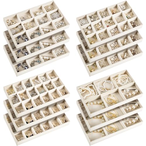 Junkin 12 Pcs Velvet Jewelry Organizer Tray, Stackable Storage - color: Beige