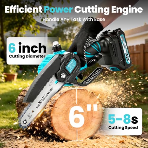 maXpeedingrods Mini Chainsaw Cordless, 6 inch Small Chainsaw Electric Saw - color: Blue 2 Batteries