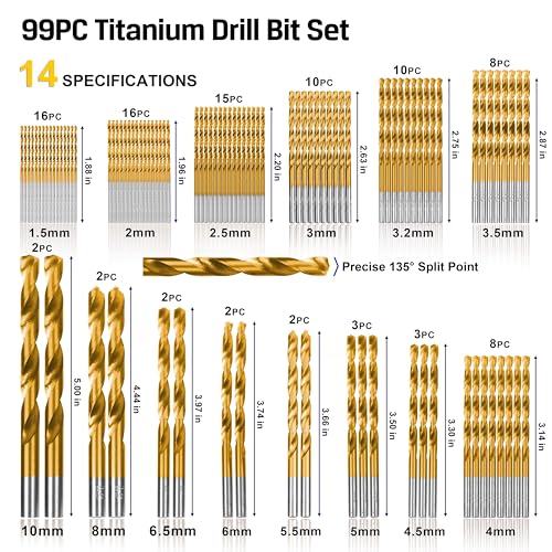Metric 99 Pieces Titanium Twist Drill Bit Set, 135° Tip High Speed Steel, Size from 1.5mm up to 10mm, Ideal Drilling in Wood/Cast Iron/Aluminum Alloy/Plastic/Fiberglass, with Hard Storage - size: Metric 99 Pieces Drill Bit Set 135°
