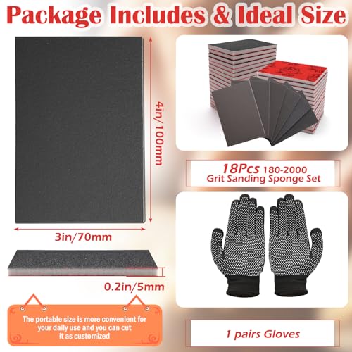 18Pcs Sanding Sponge Set with Gloves, 3 x 4 Inch