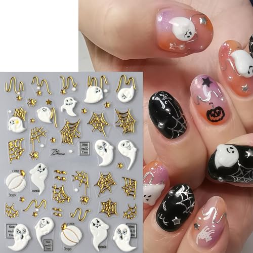 3 Sheets Halloween 5D Embossed Cute Ghost Nail Stickers Self-Adhesive Spider Web Spiders Nail Decals Horror Eyes Spider Nail Art Supplies Nail Accessories for Women Acrylic Manicure Holiday Supplies - style: pumpkin