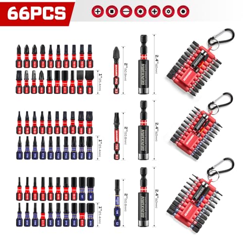 Geinxurn (PH/TORX/HEX/PZ/SQ/SL) Screwdriver Bits Set, 66 Pieces Impact 1”/ 2”Magnetic S2 Steel Multi Power Insert Driver Bits and 3Pc Bit Holder with Organizer Sleeve - color: Multi-bitb, size: 1''/2''-66PCS