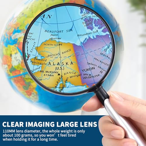 10X 30X Handheld Magnifying Glass for Reading - 110mm Diameter, PMMA Lens, Lightweight ABS Frame, Large Magnifier for Kids Seniors,Suitable for Close Work Hobbies and Science - color: Silver
