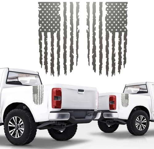 GRITKULTURE Distressed American Flag Vinyl Decal 2 Pack for Trucks, Tailgate, Cars, Windows Compatible with Most Pickup Trucks EUA Flag - Rear Graphic USA, US Flag Car Sticker (Metallic Grey) - color: Reflective Blue