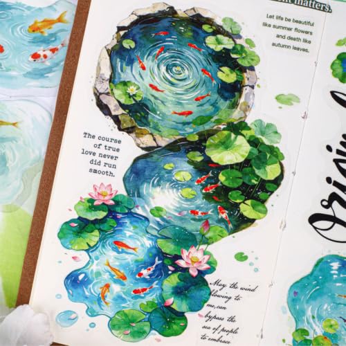120 Pcs Watercolor Koi Pond PET Stickers, Water Lotus Decals Set - color: Clear Pond Reflecting Carp