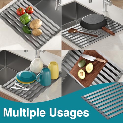 COOL-ANGLE Aluminum Roll Up Dish Drying Rack, 17.7x13.4 Inches, Matte Gray - size: Rectangle 17.7'' x 13.4''