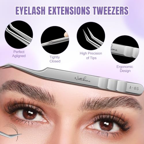 High Precision Lash Tweezers for Individual and Volume Eyelash Extensions Pointed Premium Stainless Steel Curved Fiber Tip Professional Isolation Tweezer(45 Degree Tweezer A-05) - color: A-05