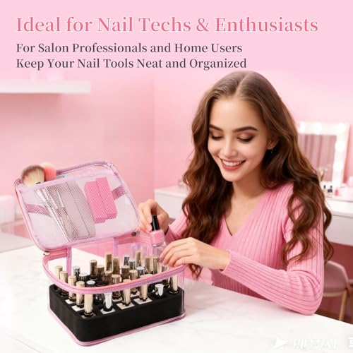 Clear Nail Polish Organizer,Holds 30 Bottles PVC Nail Polish Organizer Case Manicure Tools Nail Polish Storage Portable Nail Tech Travel Bag for Nail Supplies（PINK） - color: Pink