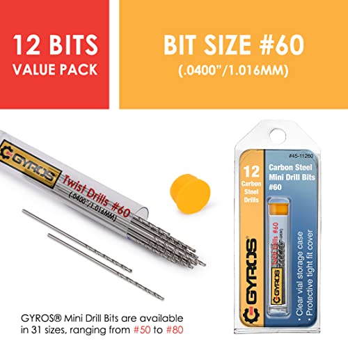 GYROS 12 PCS #60 Micro Drill Bit Set – Small Drill Bits for Jewelry, Plastic, Resin, & Soft Metal – Carbon Steel Wire Gauge Mini Twist Drill Bit Set for Pin Vise Hand Drill & Rotary Tool - size: #60 (.0400”/1.016MM)