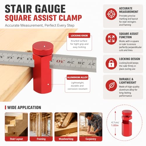 2PCS Tall Stair Gauges for Circular Saw with Holder and Hook, Precision Framing Square Jig for Speed Square & Circular Saw Guide, Framing Square Stops for Carpentry Squares (Red) - color: Red