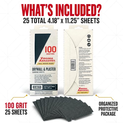 Virginia Abrasives Drywall & Plaster Sandpaper Sheets,4.18"x11.25",100 Grit - style: Medium