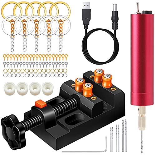 Electric Resin Drill Set,Pin Vise for Molds Jewelry Casting, YASPIT Anti-Skid Drill Press Vise, 210 PCS Keychain making Supplies, Precision Hand Drill Kit for DIY Keychains Jewelry Making