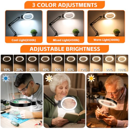 12X 30X Large Magnifying Glass with Light and Clamp,Stand Lighted Magnifier