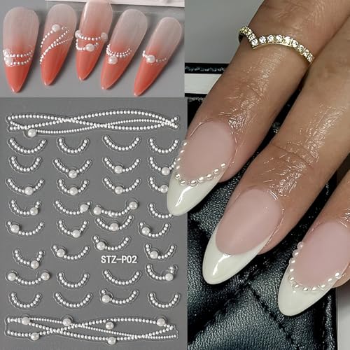 5 Sheets Emboss White Pearl Nail Stickers with Tweezers French Tip Lace Design Decals Romantic Self-Adhesive Slider Manicure Decoration Nail Art Supplies for Women