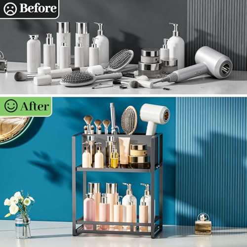 Bathroom Counter Organizer, Metal Vanity Shelf with Hair Dryer Holder - color: carbon black