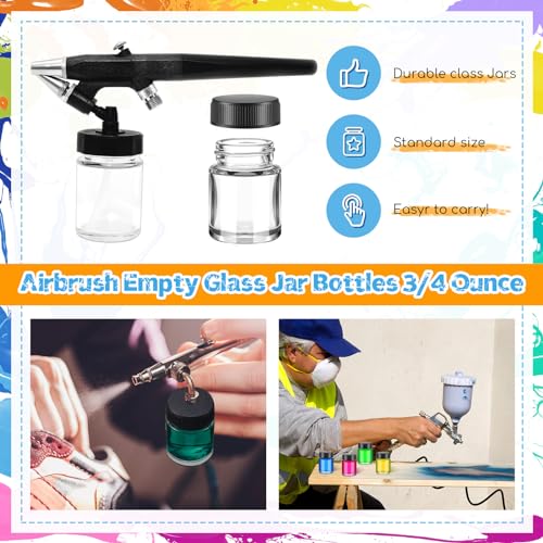 Teenyyou 24 Pack Airbrush Glass Jar Bottles 3/4 Ounce (22cc) Empty Replacement Jars with Plastic Lids Paint Storage Bottles for Pigment Screw into Siphon Feed Airbrush Lid Adaptor Assemblies