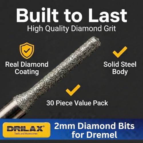 2mm Diamond Drill Bits for Ceramic 30 Pcs Set of Diamond Dremel Bits - size: 2mm