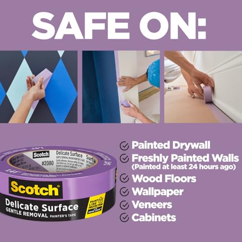 3M Scotch-Blue 2080 Safe-Release Delicate Surfaces Painters Masking Tape , 19 lbs/in Tensile Strength, 60 yds Length x 1" Width, (Pack of 4)
