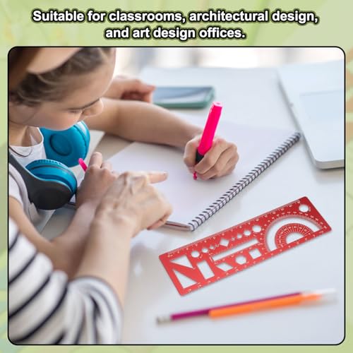 HARFINGTON 2pcs Multifunctional Geometric Rulers 15cm Metric and SAE Aluminum Straight Edge Protractor Angle Math Measuring Ruler Geometric Drawings Templates for Drawing Drafting, Red - color: Red