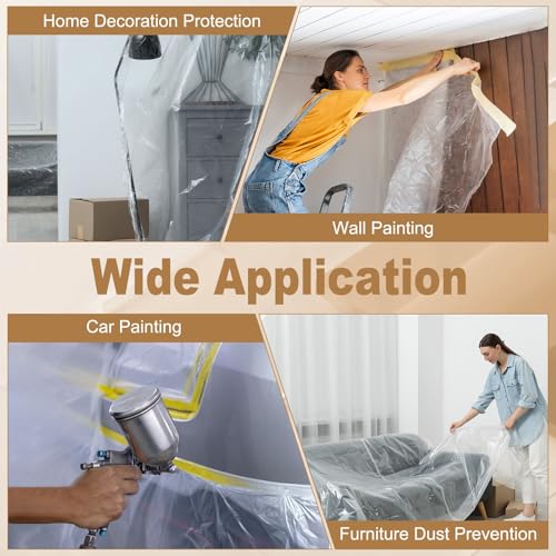 HARFINGTON 3pcs Pre-Taped Masking Film 43.3" x65ft w Plastic Sheeting,Clear - size: 43.3"x65ft