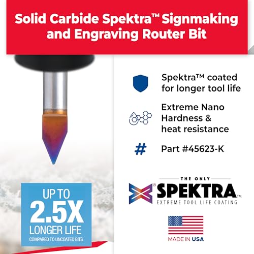 Amana Tool 45623-K Solid Carbide Spektra Extreme Tool Life Coated 45 Degree Engraving 0.042 Tip Width x 1/4 SHK x 2 Inch Long Signmaking Router Bit - size: 45623-K