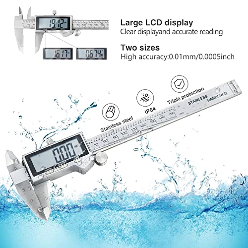 Digital Caliper, IP54 Waterproof Stainless Steel Caliper Measuring Tool, Vernier Caliper with Huge LCD Screen, Auto - Off Feature, Inch and Millimeter Conversion (6 Inch /150 mm)